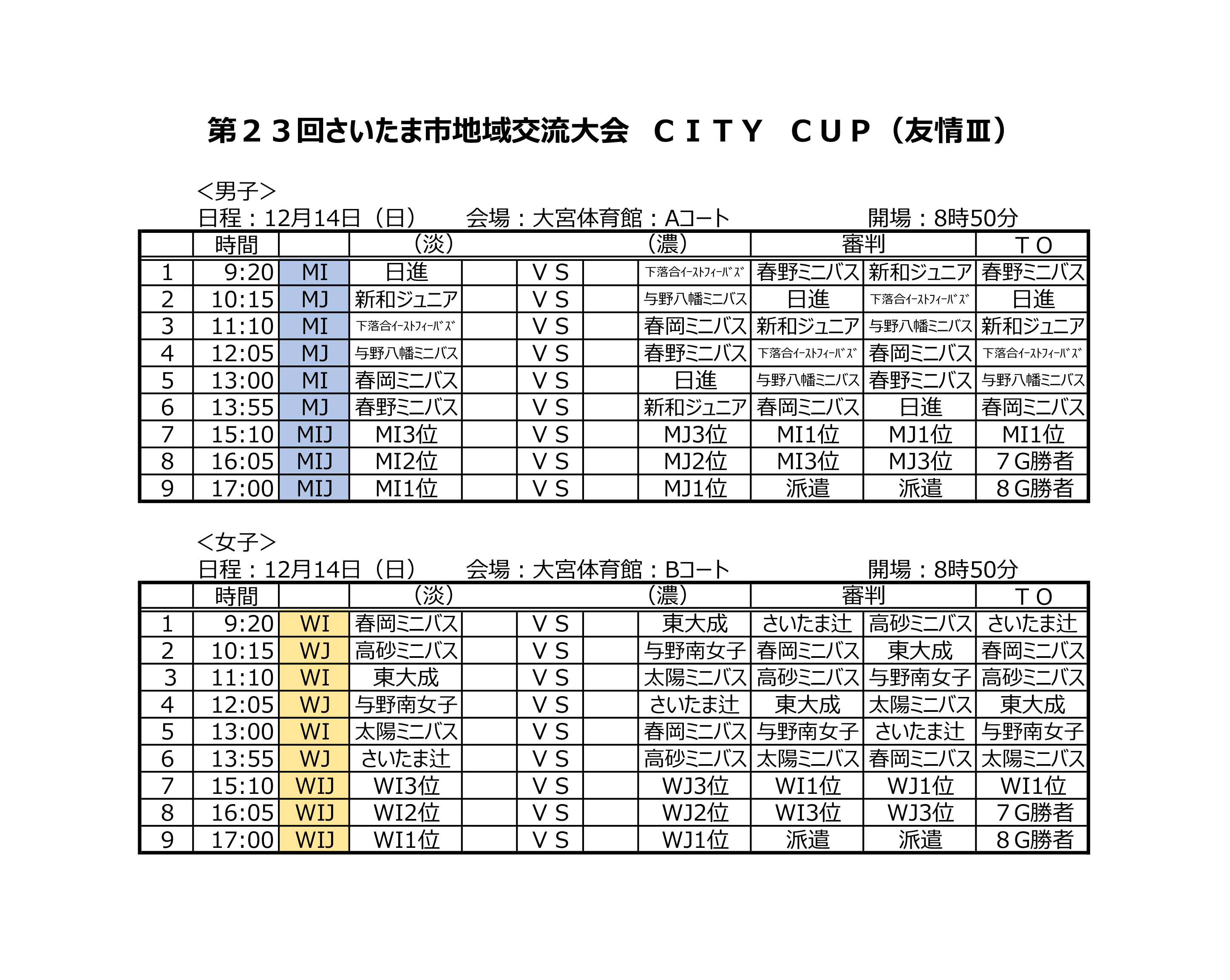 12月14日(日) 友情Ⅲ 日程